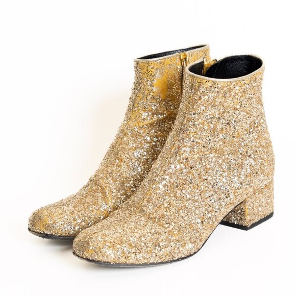 Saint Laurent Shoes - Saint Laurent Babies Gold Glitter Block Heel Ankle Boot EU 36 Authentic COA